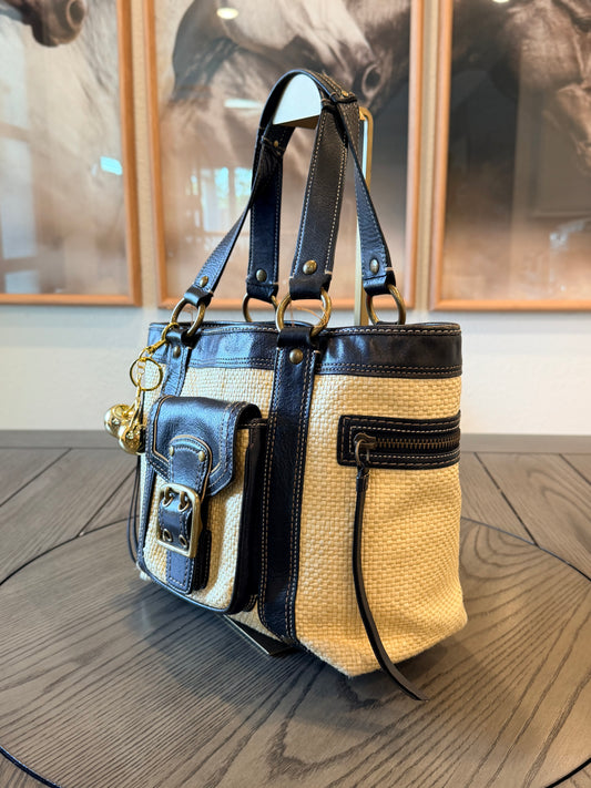 Vintage Coach Legacy Straw and Black Leather Trim Tote Bag with gold-tone hardware