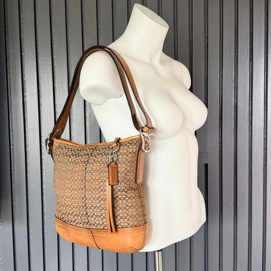 Coach Vintage Signature C Jacquard Hobo Bag with Tan Leather Trim & Tassel