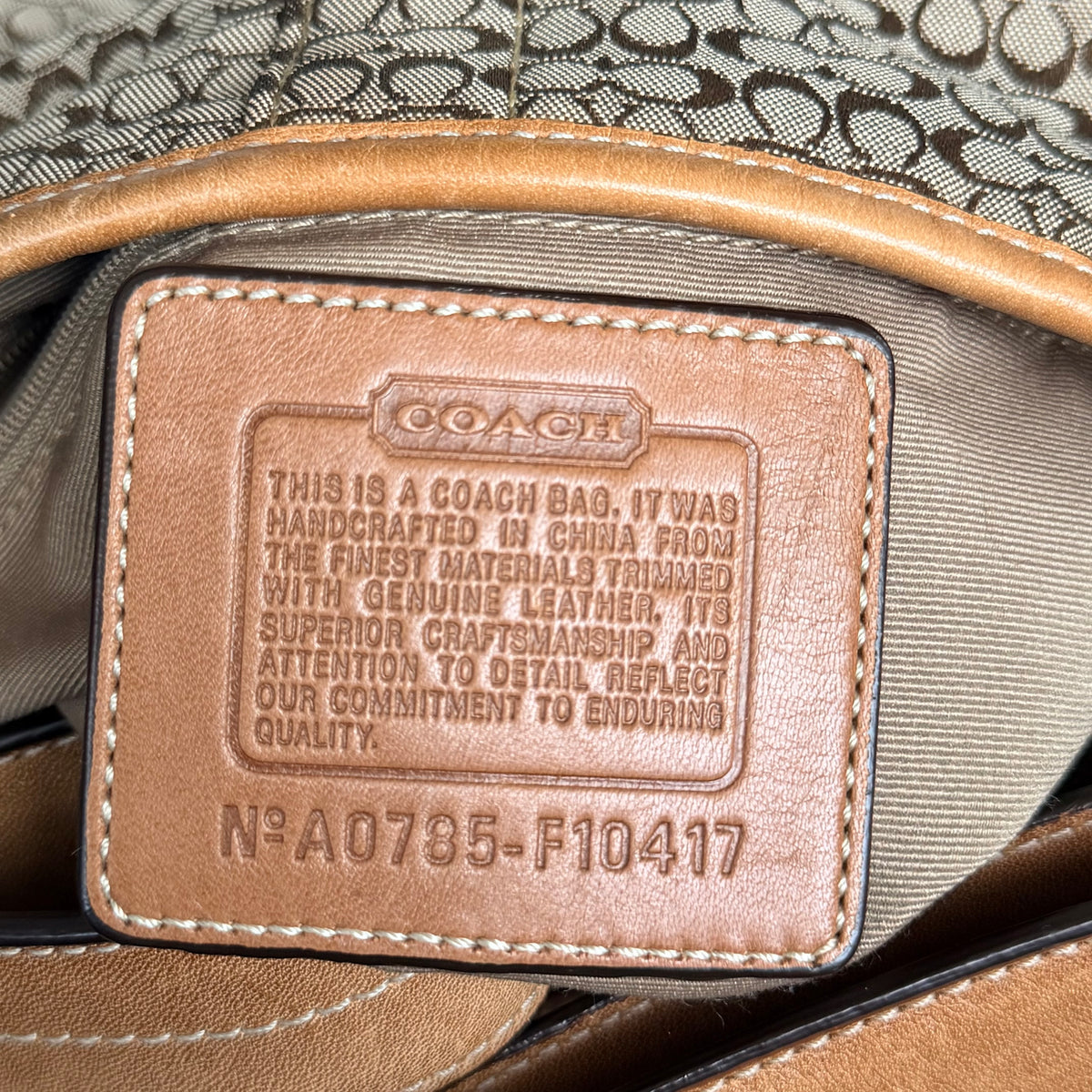 Coach Vintage Signature C Jacquard Hobo Bag with Tan Leather Trim & Tassel