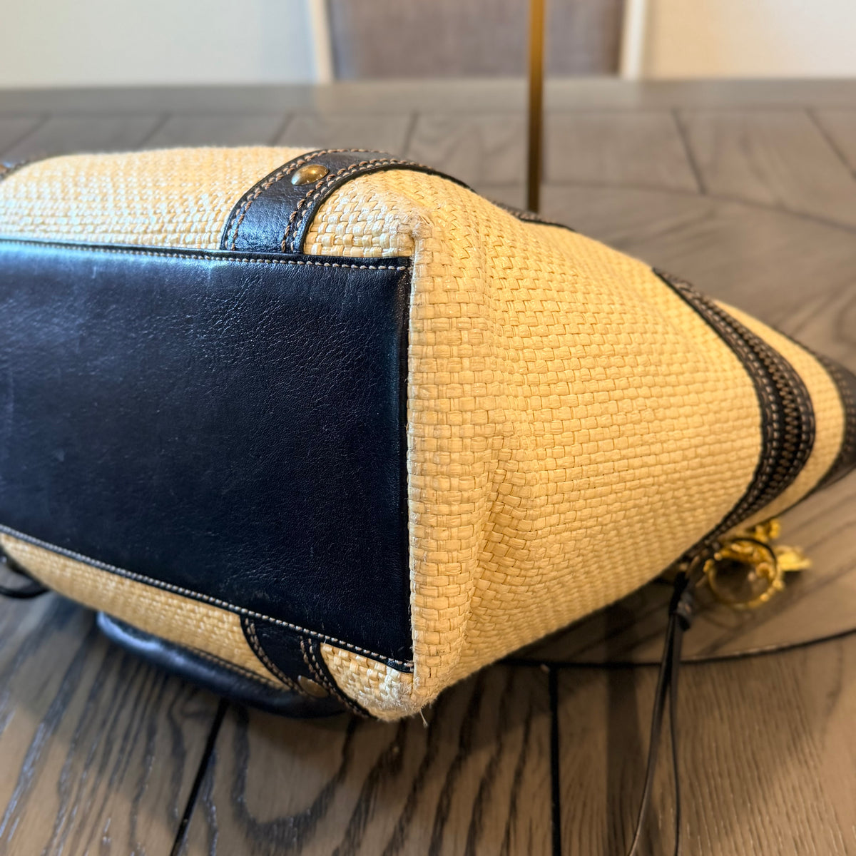 Vintage Coach Legacy Straw and Black Leather Trim Tote Bag with gold-tone hardware