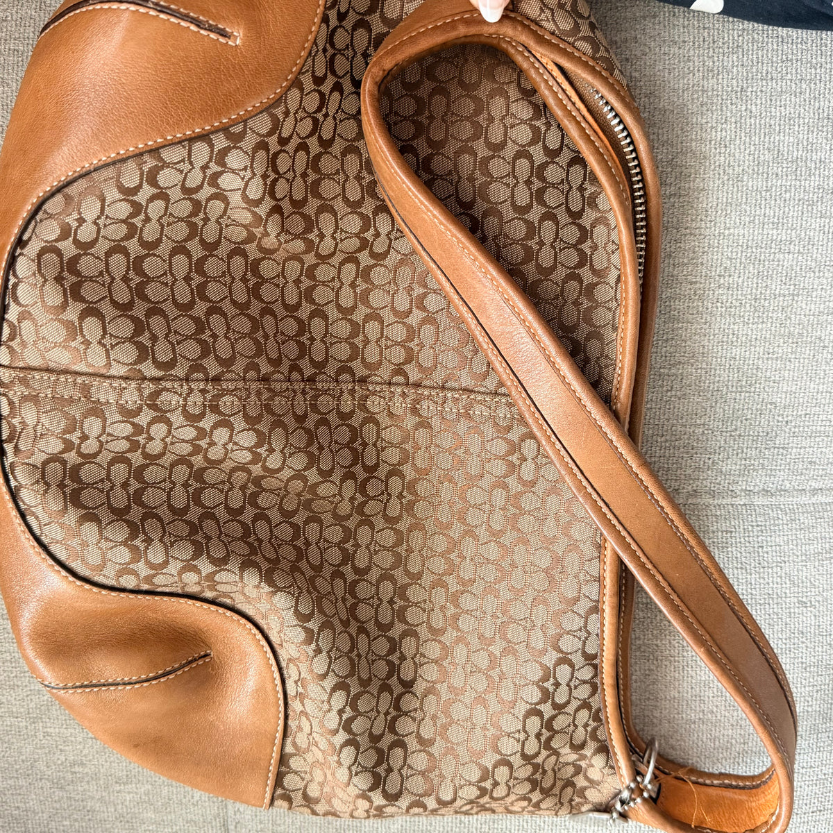 COACH Vintage Signature Monogram Canvas Hobo Bag with Tan Leather Trim
