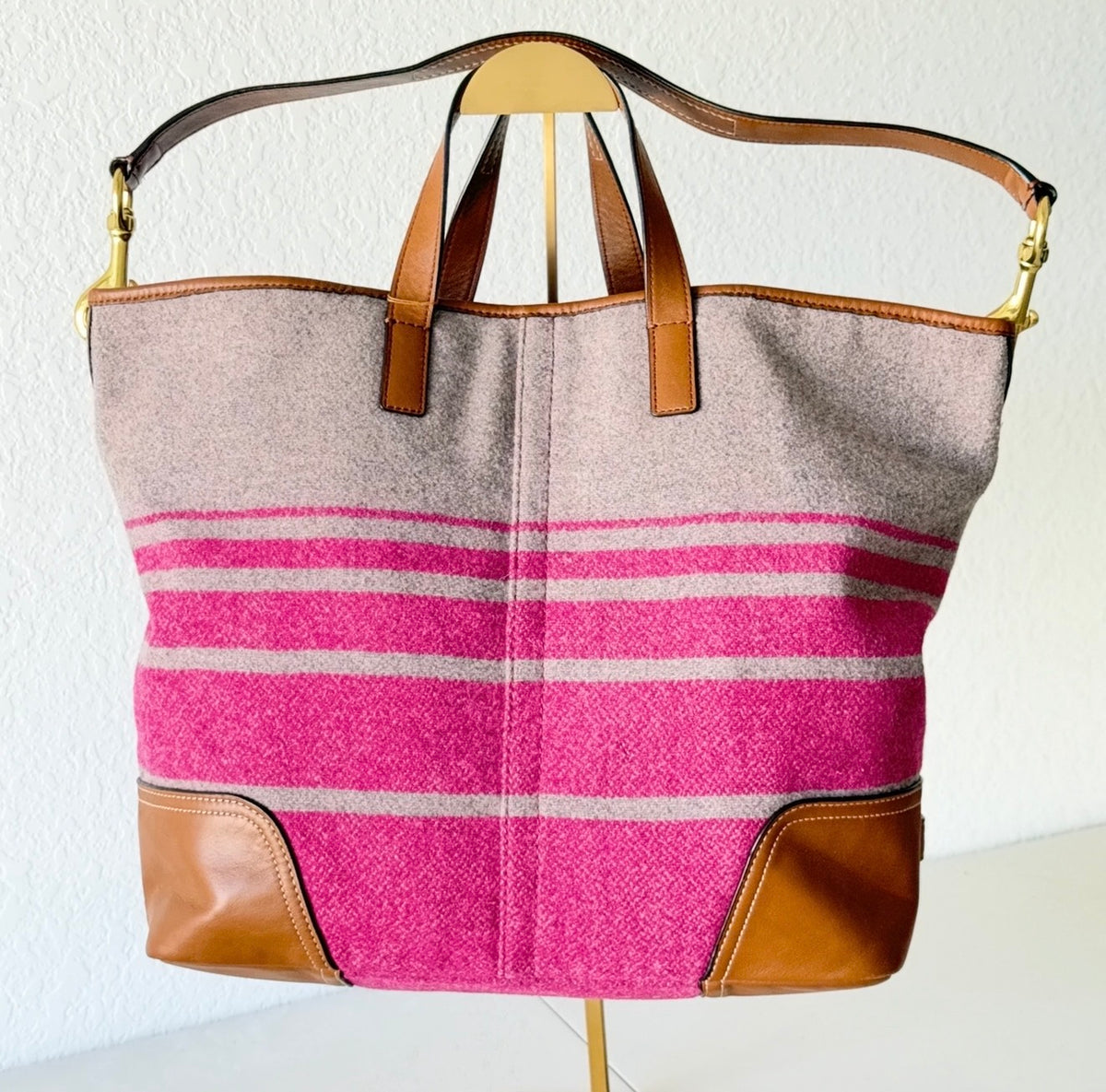Large Wool Coach Hadley Striped Tote Bag