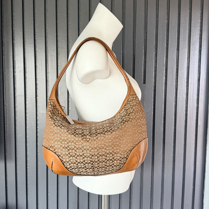 COACH Vintage Signature Monogram Canvas Hobo Bag with Tan Leather Trim