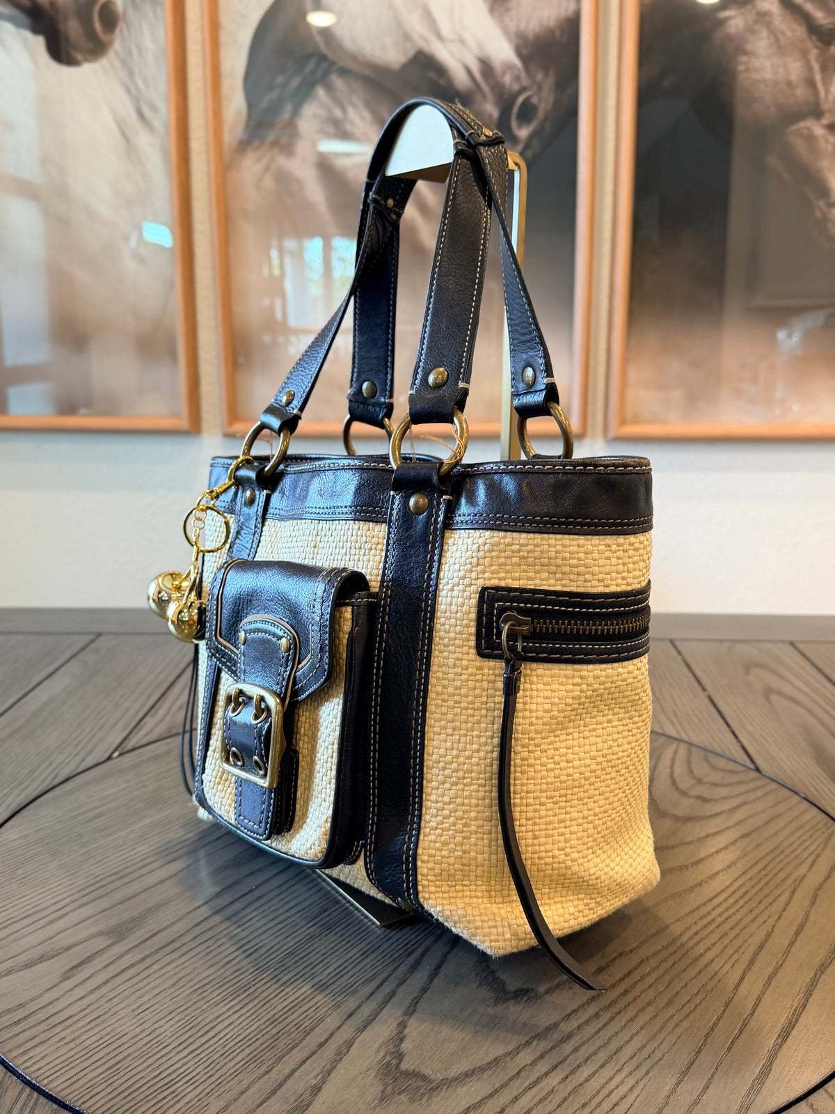 Vintage Coach Legacy Straw and Black Leather Trim Tote Bag with gold-tone hardware