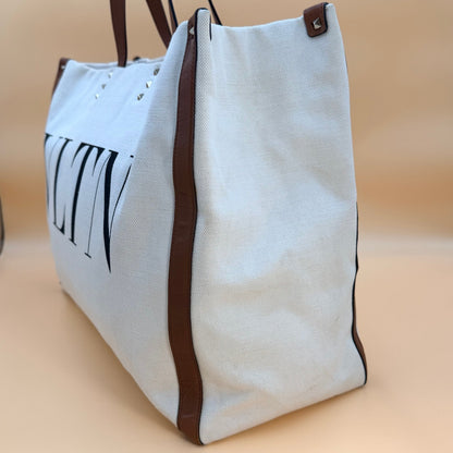 Authentic Valentino Garavani Rockstud Tote Bag Canvas & Leather | Ivory/Brown