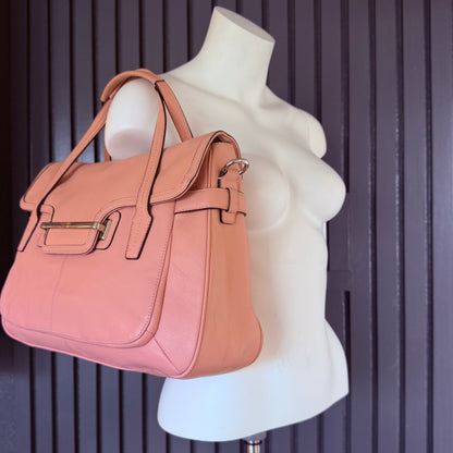 2013 Pink Coach Taylor Marin Leather Flap Satchel with silver-tone hardware.
