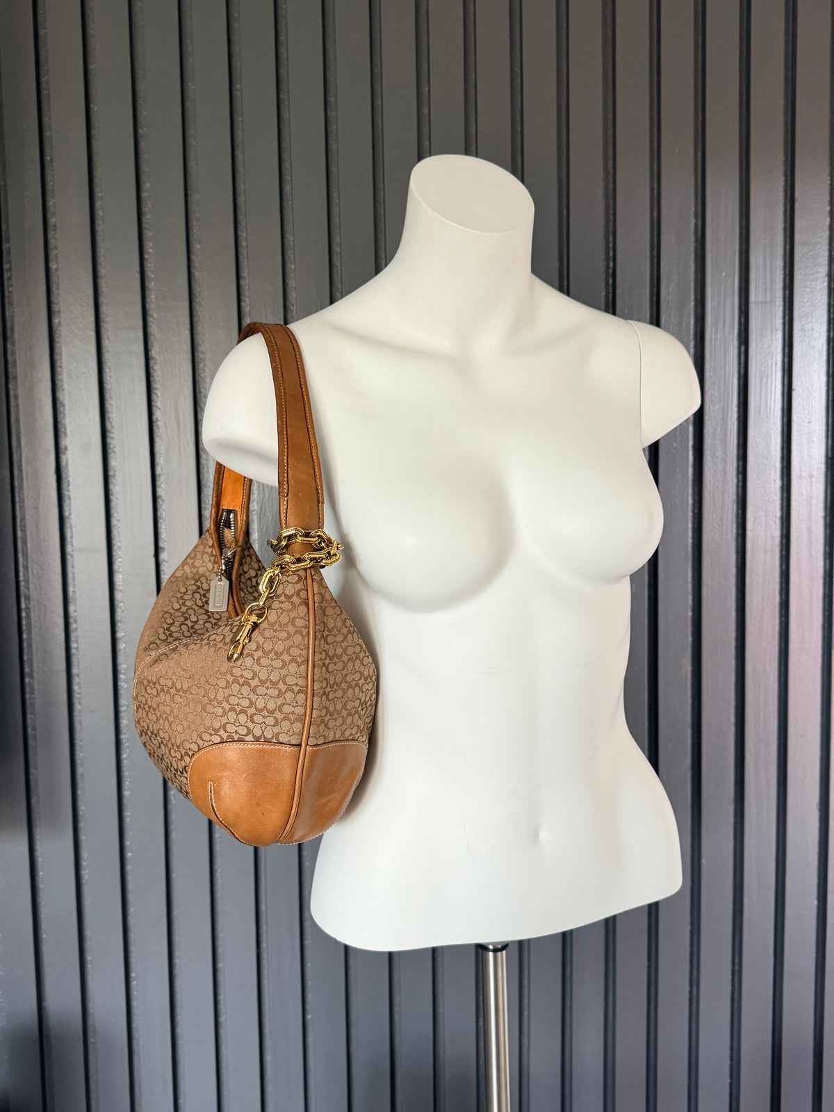 COACH Vintage Signature Monogram Canvas Hobo Bag with Tan Leather Trim