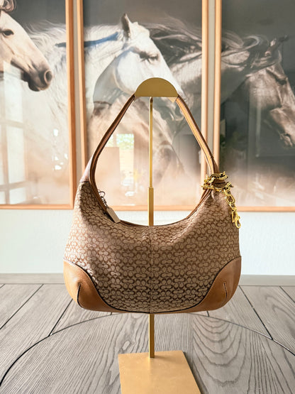 COACH Vintage Signature Monogram Canvas Hobo Bag with Tan Leather Trim