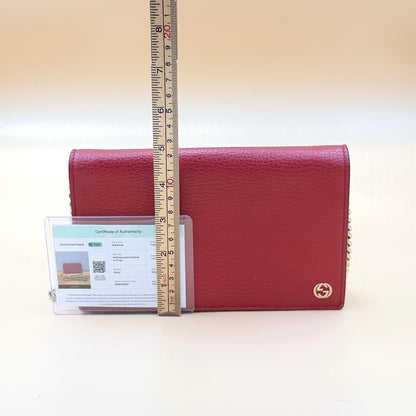 Authentic Gucci Interlocking G Chain Wallet – Red Pebbled Leather | 2-Way |