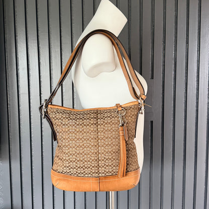 Coach Vintage Signature C Jacquard Hobo Bag with Tan Leather Trim & Tassel
