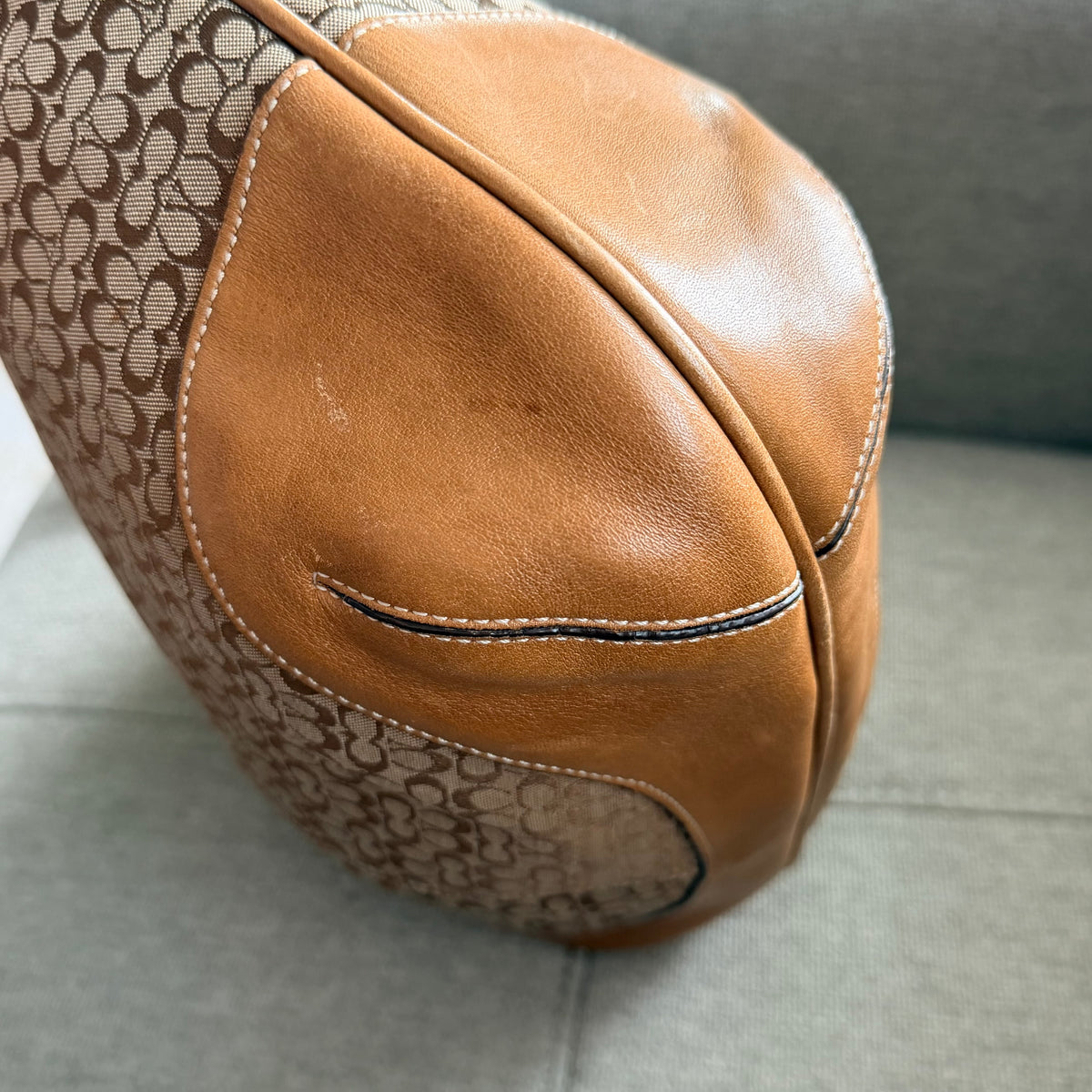 COACH Vintage Signature Monogram Canvas Hobo Bag with Tan Leather Trim