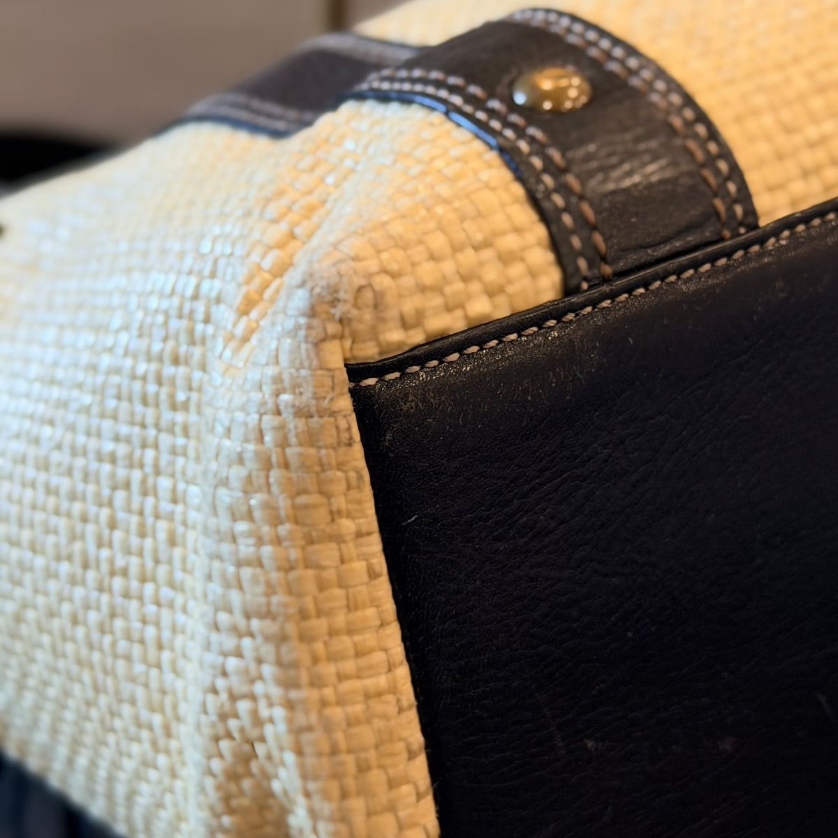 Vintage Coach Legacy Straw and Black Leather Trim Tote Bag with gold-tone hardware