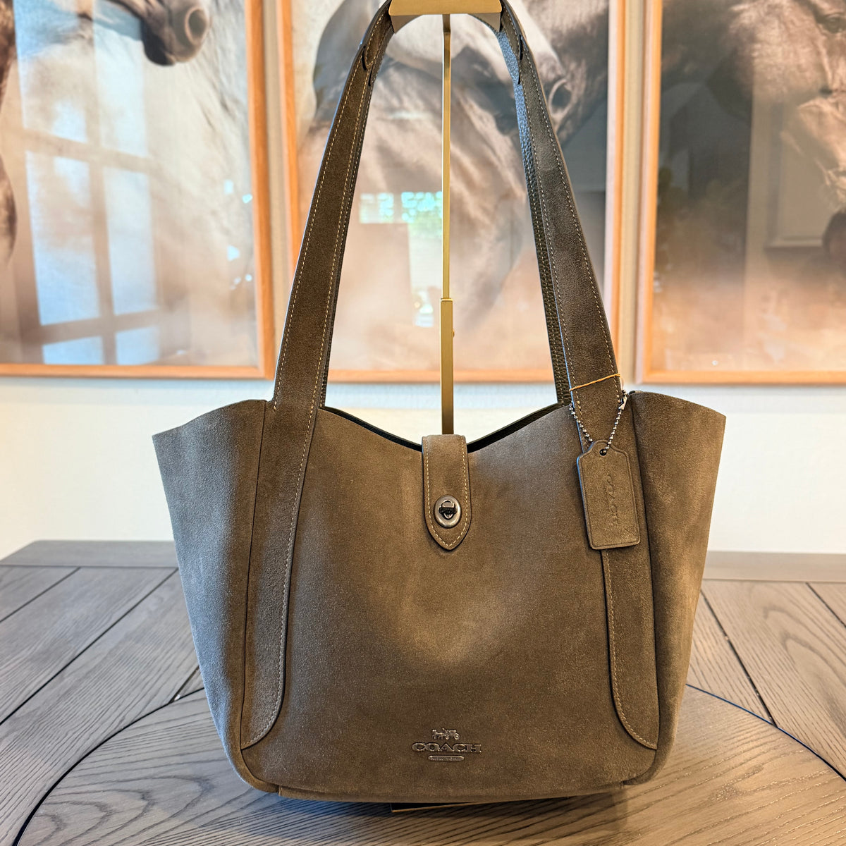 Coach Hadley Turnlock Tote Bag in Olive/Army Green Suede