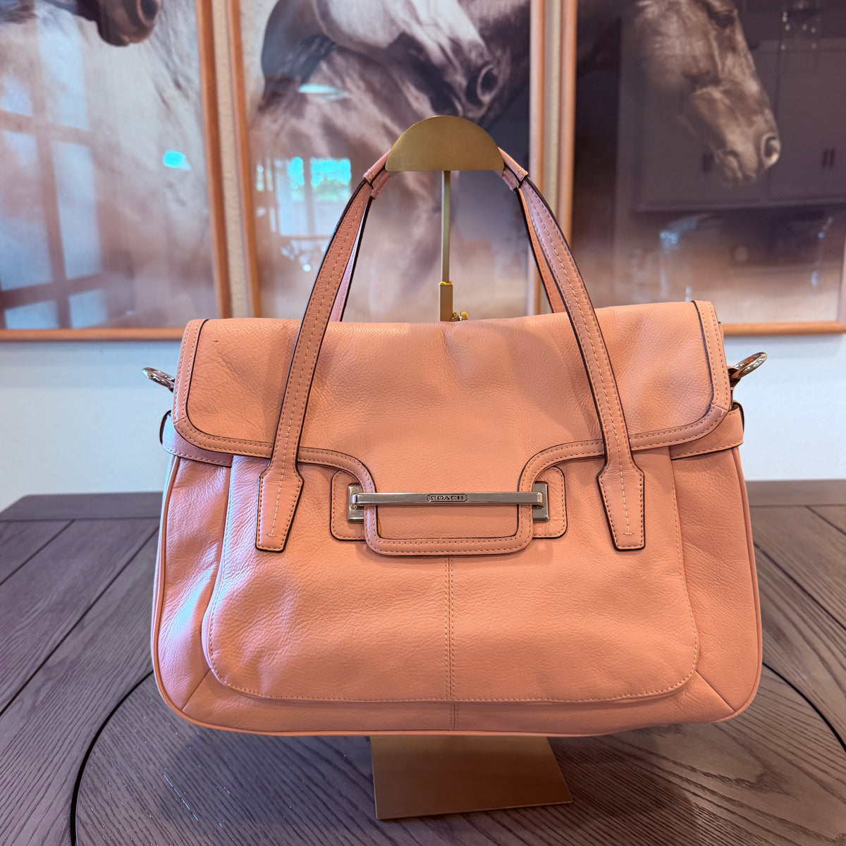 2013 Pink Coach Taylor Marin Leather Flap Satchel with silver-tone hardware.