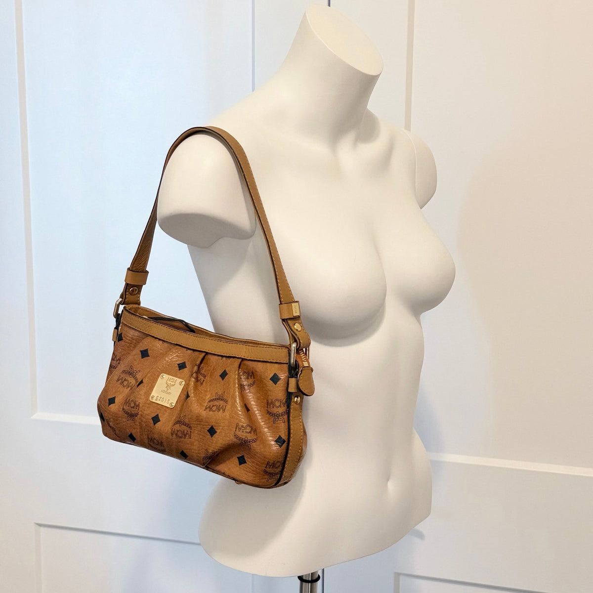 MCM Visetos Cognac Coated Canvas Shoulder Bag – Classic Monogram Mini Hobo Bag
