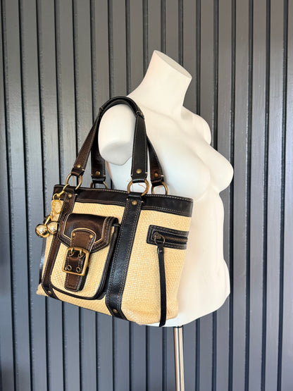 Vintage Coach Legacy Straw and Black Leather Trim Tote Bag with gold-tone hardware