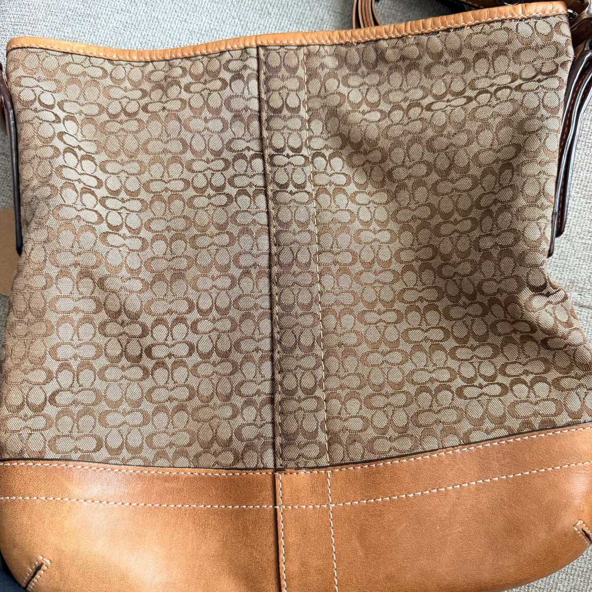 Coach Vintage Signature C Jacquard Hobo Bag with Tan Leather Trim & Tassel