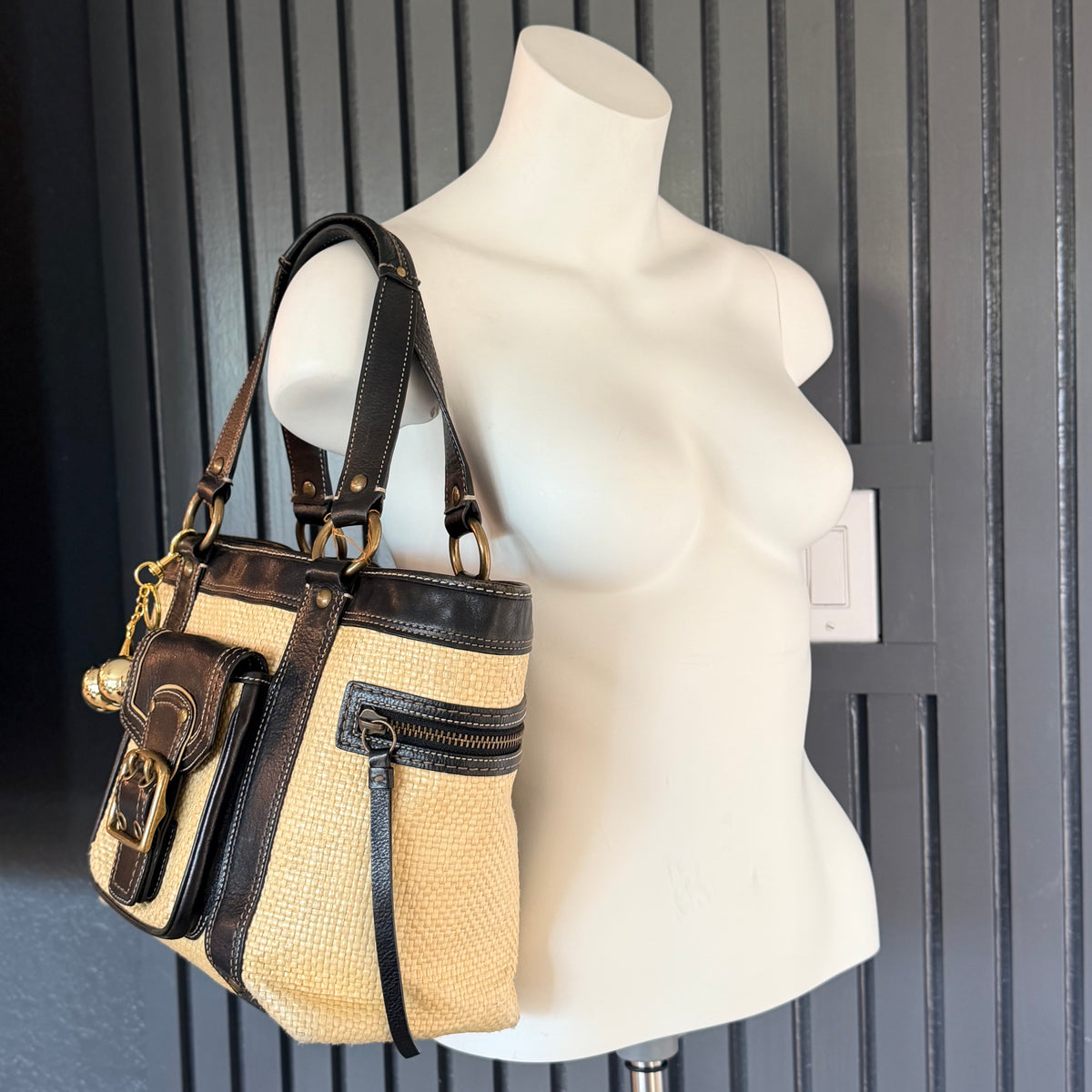 Vintage Coach Legacy Straw and Black Leather Trim Tote Bag with gold-tone hardware