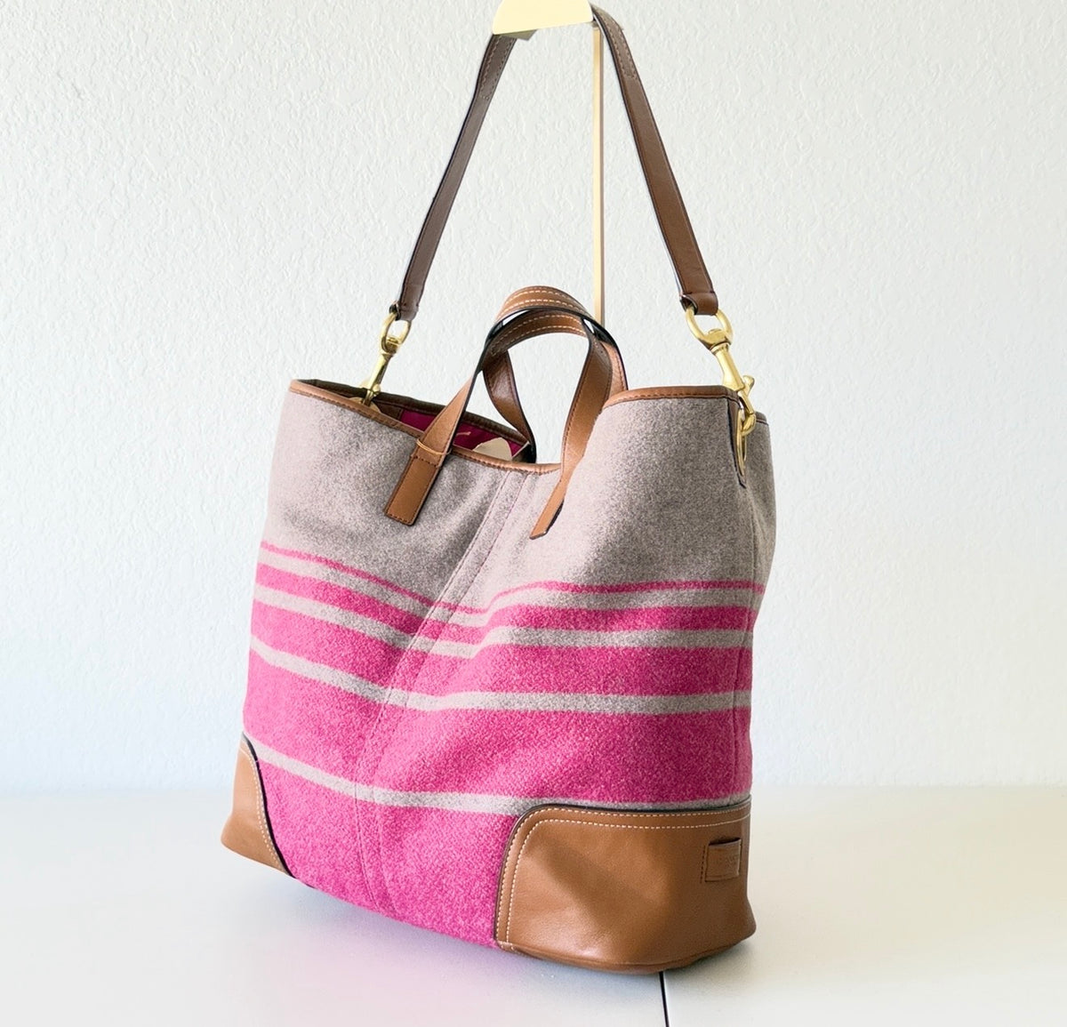 Large Wool Coach Hadley Striped Tote Bag