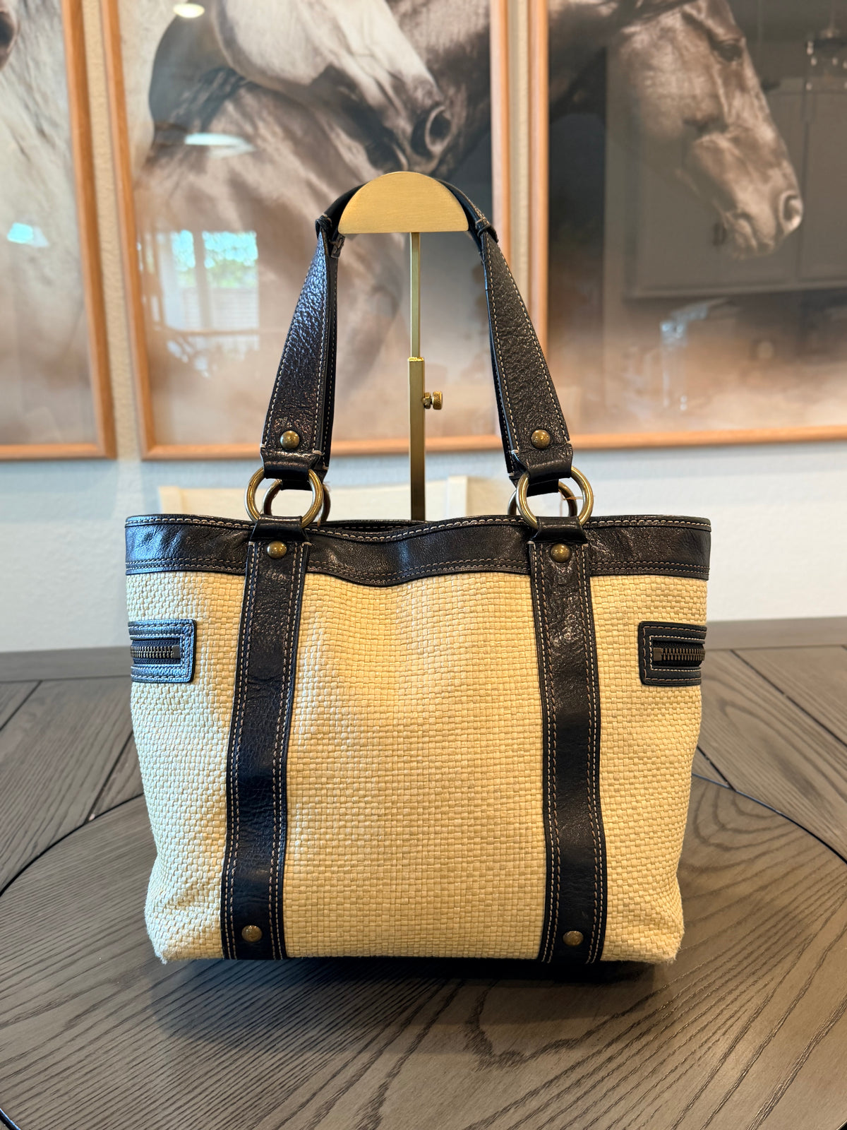 Vintage Coach Legacy Straw and Black Leather Trim Tote Bag with gold-tone hardware