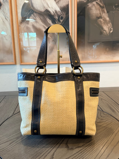 Vintage Coach Legacy Straw and Black Leather Trim Tote Bag with gold-tone hardware