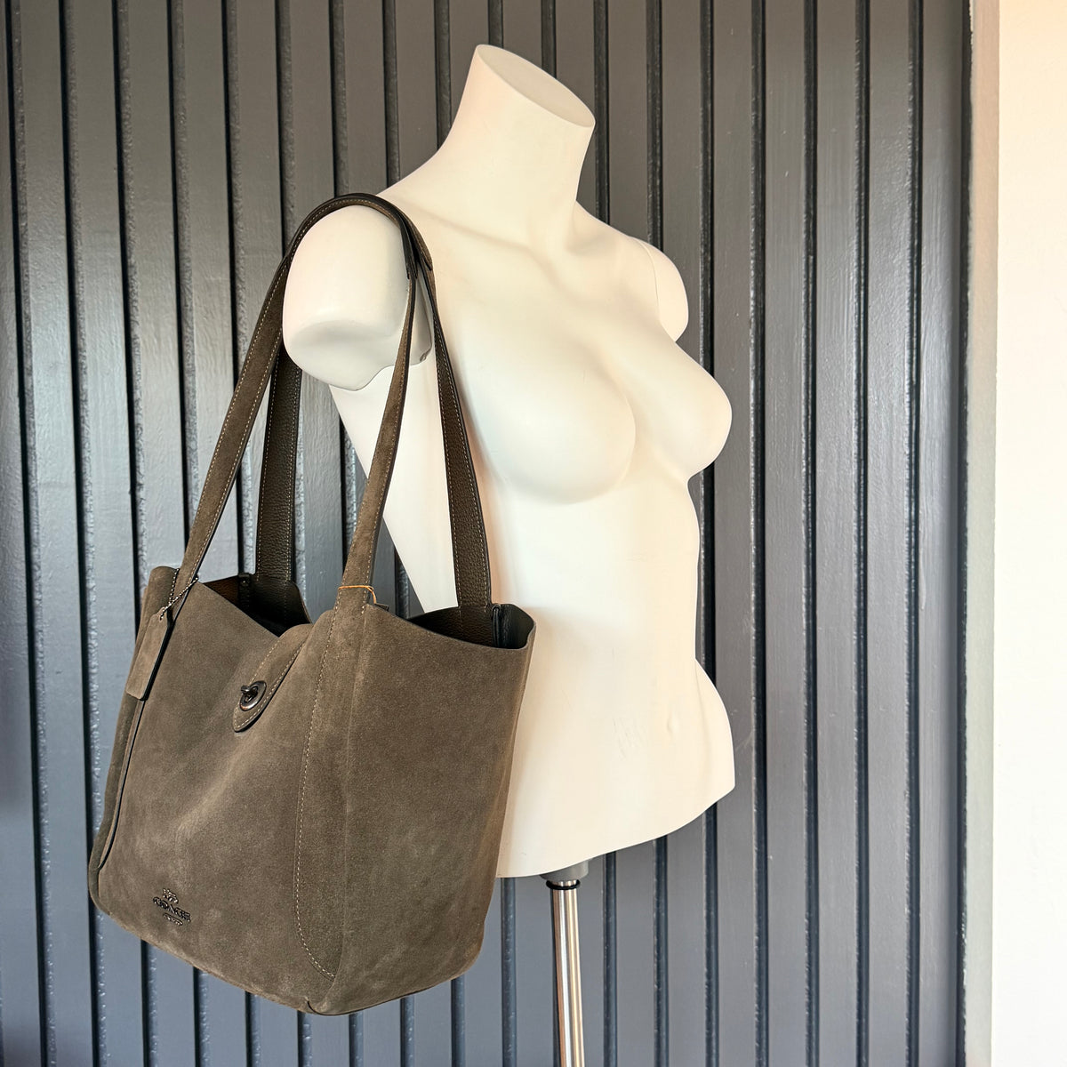 Coach Hadley Turnlock Tote Bag in Olive/Army Green Suede