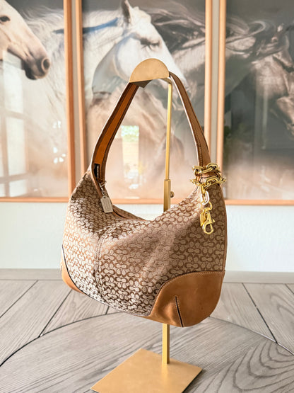 COACH Vintage Signature Monogram Canvas Hobo Bag with Tan Leather Trim