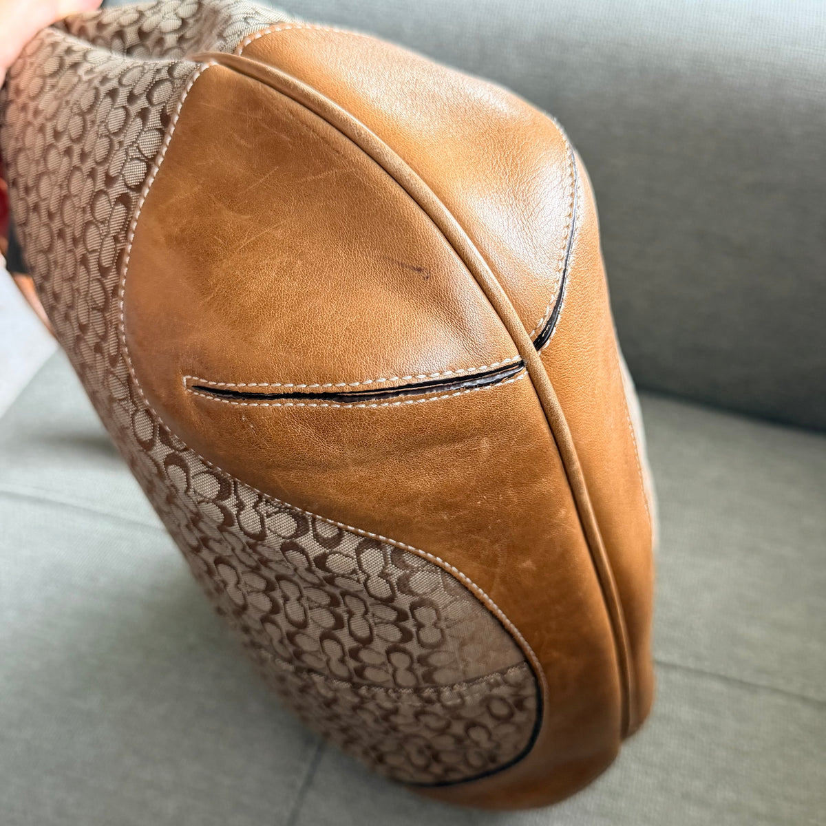 COACH Vintage Signature Monogram Canvas Hobo Bag with Tan Leather Trim