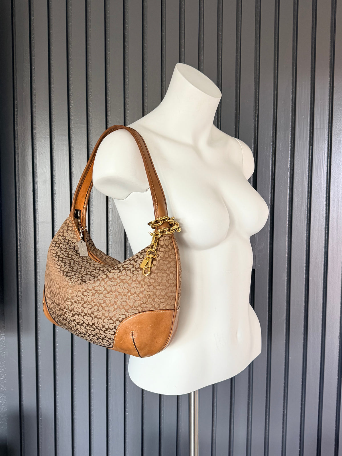 COACH Vintage Signature Monogram Canvas Hobo Bag with Tan Leather Trim