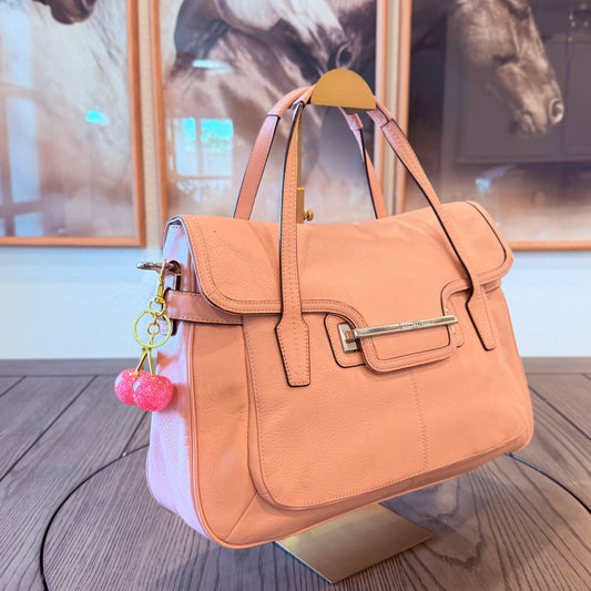 2013 Pink Coach Taylor Marin Leather Flap Satchel with silver-tone hardware.