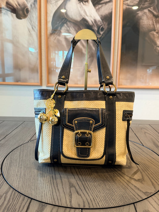 Vintage Coach Legacy Straw and Black Leather Trim Tote Bag with gold-tone hardware