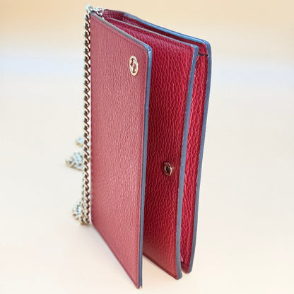 Authentic Gucci Interlocking G Chain Wallet – Red Pebbled Leather | 2-Way |